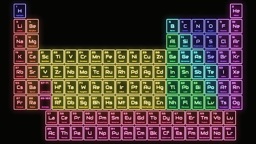 Neon Glowing Periodic Table of Elements on Black Background HD wallpaper