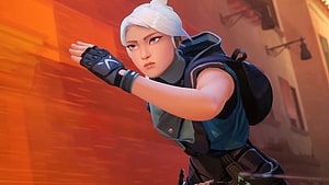 Jett from Valorant in a dynamic action pose with white hair and tactical gear HD wallpaper