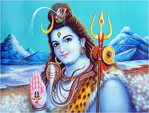 Lord Shiva Hindu Deity with Trishul, Crescent Moon, and Sacred River Ganga Illustration HD wallpaper