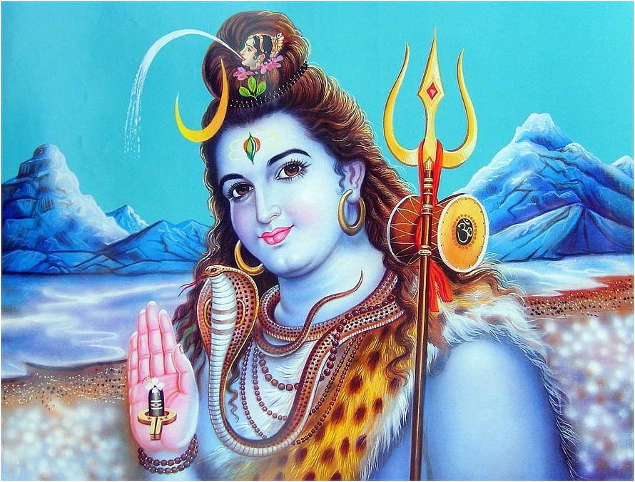 Lord Shiva Hindu Deity with Trishul, Crescent Moon, and Sacred River Ganga Illustration HD wallpaper