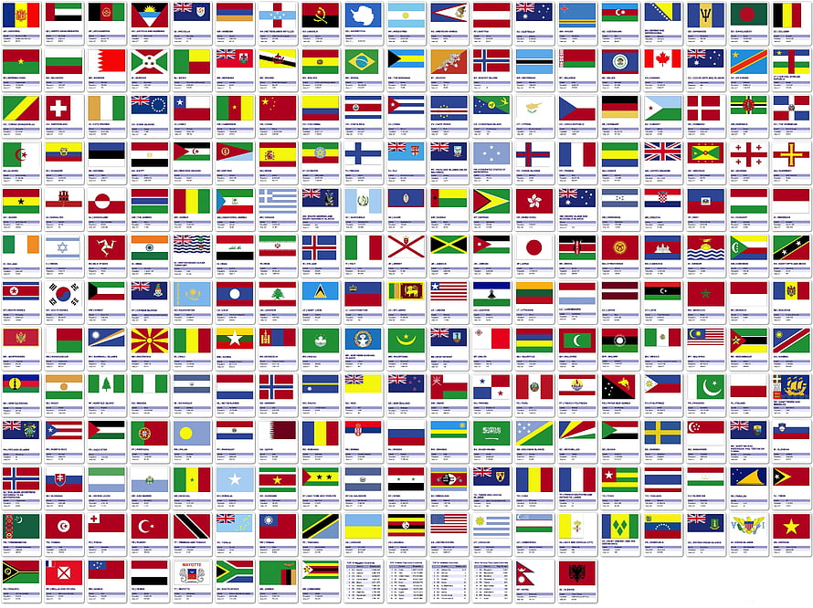 Complete collection of world national flags arranged in a grid with country names and details HD wallpaper