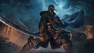 Ghost of Tsushima Samurai Warrior Wielding Katana in Rainy Night Battle Scene HD wallpaper