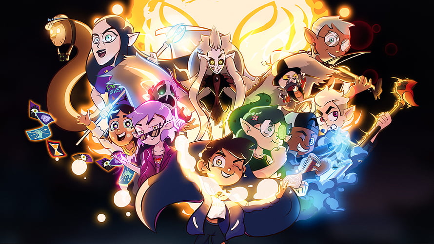 The Owl House Animated Ensemble Cast with Magic and Fire Effects HD wallpaper