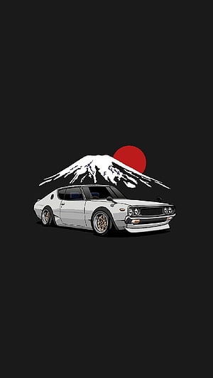 White JDM Classic Coupe with Mount Fuji and Rising Sun Illustration on Black Background HD phone wallpaper