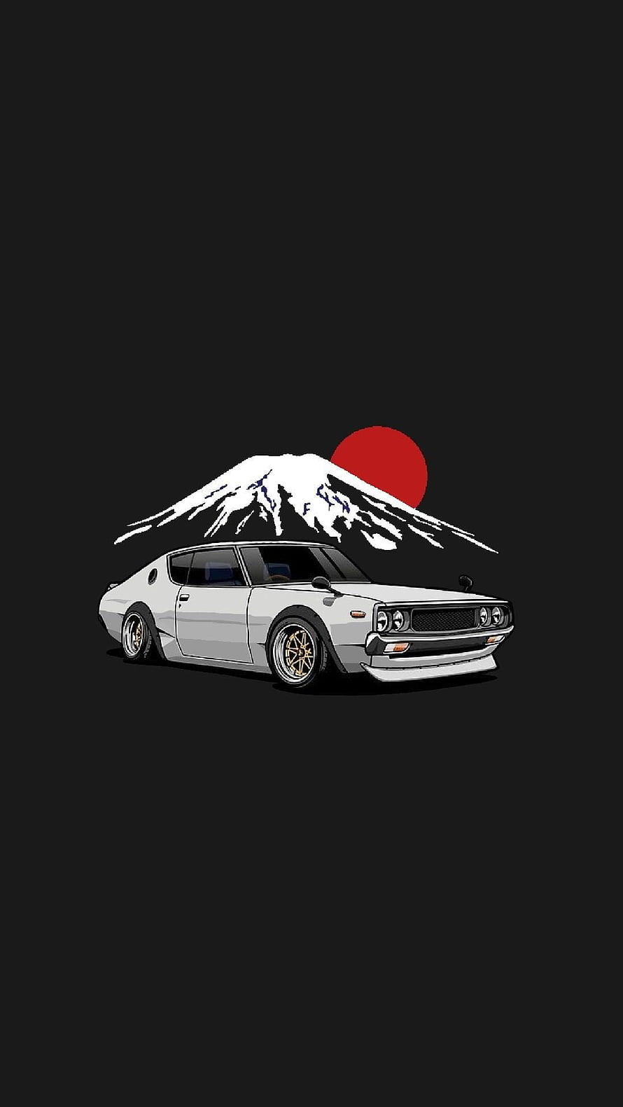 White JDM Classic Coupe with Mount Fuji and Rising Sun Illustration on Black Background HD phone wallpaper