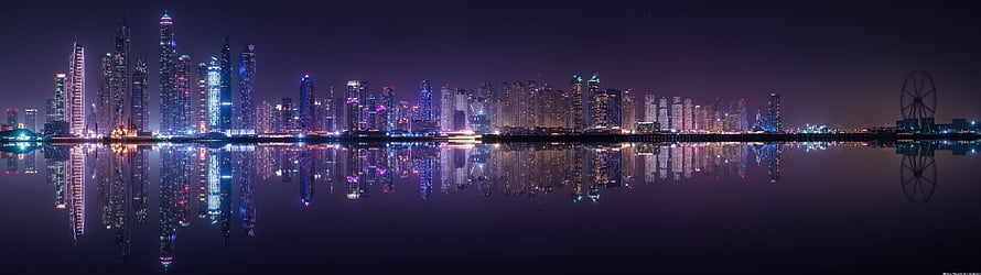 Dubai Marina Night Skyline with Perfect Water Reflection and Ferris Wheel HD wallpaper