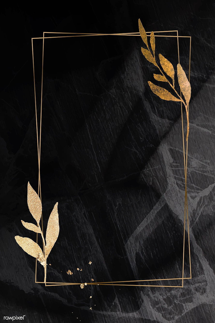 Elegant Gold Leaf Frame on Black Marble Background HD phone wallpaper