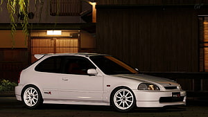 White Honda Civic Type R EK9 Hatchback Parked at Night in Front of Traditional Japanese Architecture HD wallpaper