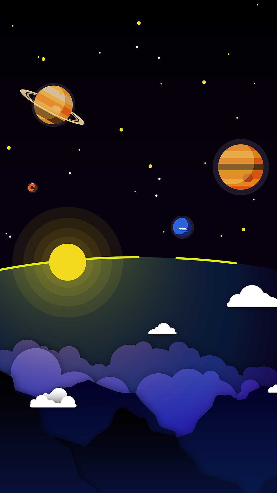 Minimalist Solar System Illustration with Planets, Sun, and Clouds in Flat Vector Style HD phone wallpaper