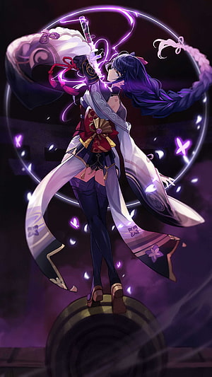 Raiden Shogun wielding Musou no Hitotachi with purple lightning and butterflies HD phone wallpaper