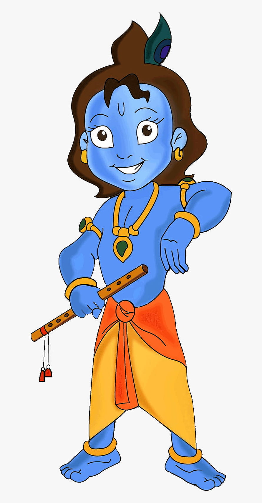 Cute Cartoon Lord Krishna Playing Flute with Peacock Feather Crown HD phone wallpaper