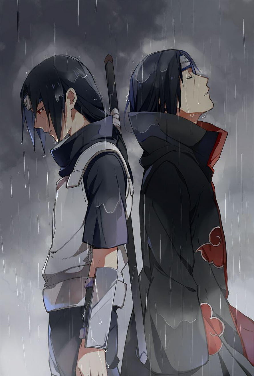 Itachi and Sasuke Uchiha Standing Back to Back in the Rain Anime Wallpaper HD phone wallpaper