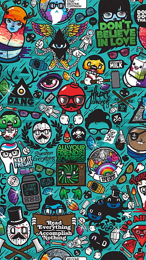 Colorful Doodle Art Pattern With Funny Characters, Slogans, And Pop Culture References On Teal Background HD phone wallpaper