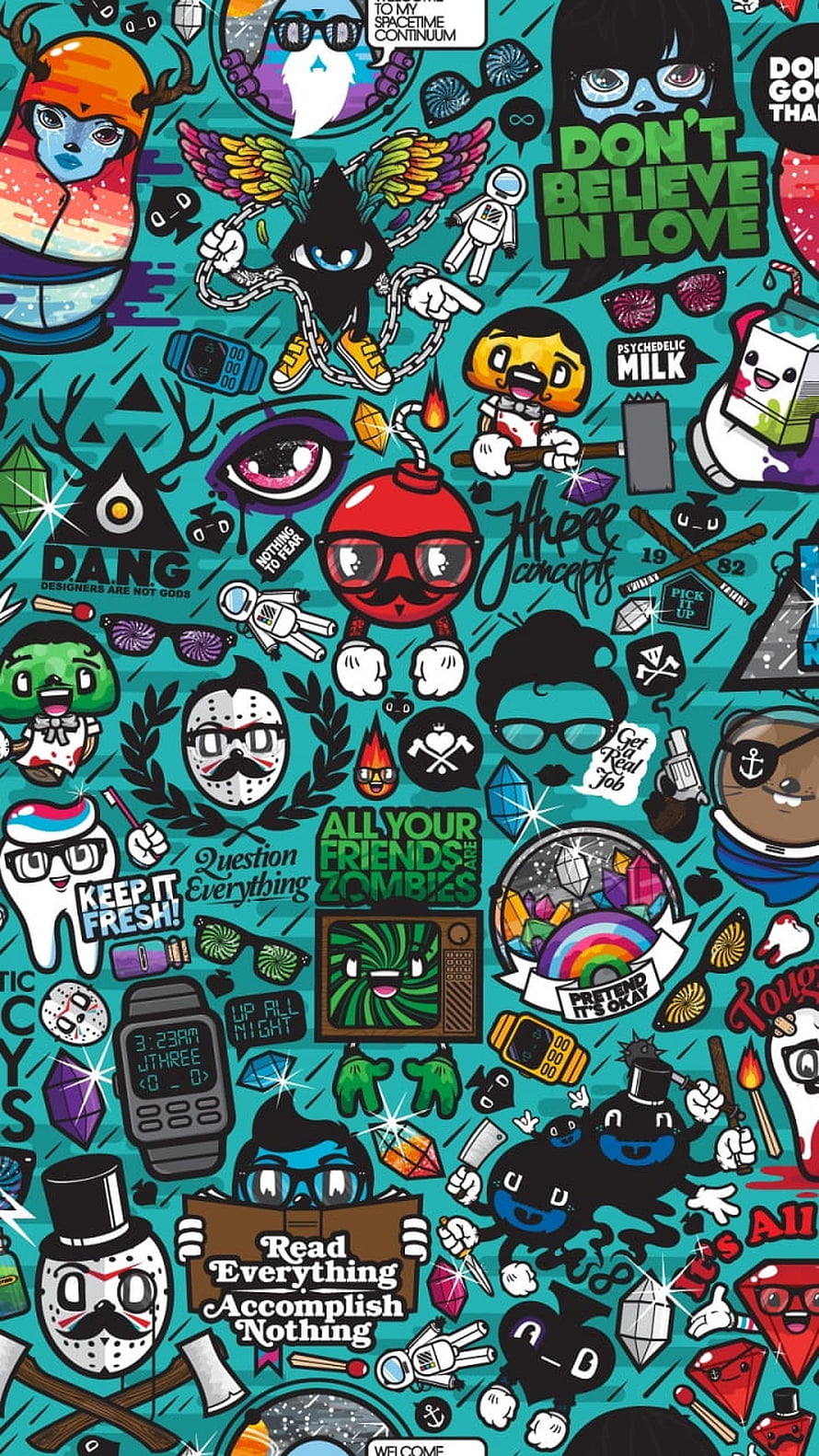 Colorful Doodle Art Pattern With Funny Characters, Slogans, And Pop Culture References On Teal Background HD phone wallpaper