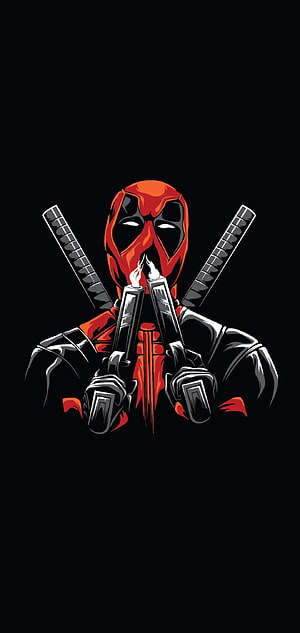 Deadpool Vector Illustration with Crossed Katanas and Dual Pistols on Black Background HD phone wallpaper