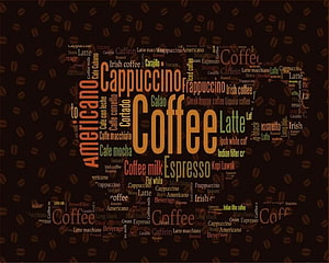 Coffee Word Cloud Typography Art with Espresso Latte Cappuccino and Americano Terms on Dark Bean Background HD wallpaper