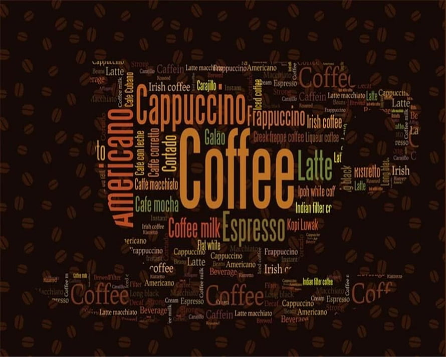 Coffee Word Cloud Typography Art with Espresso Latte Cappuccino and Americano Terms on Dark Bean Background HD wallpaper