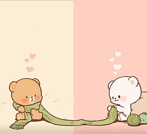 Cute Cartoon Bears Knitting and Wearing a Long Green Scarf on Split Background HD wallpaper