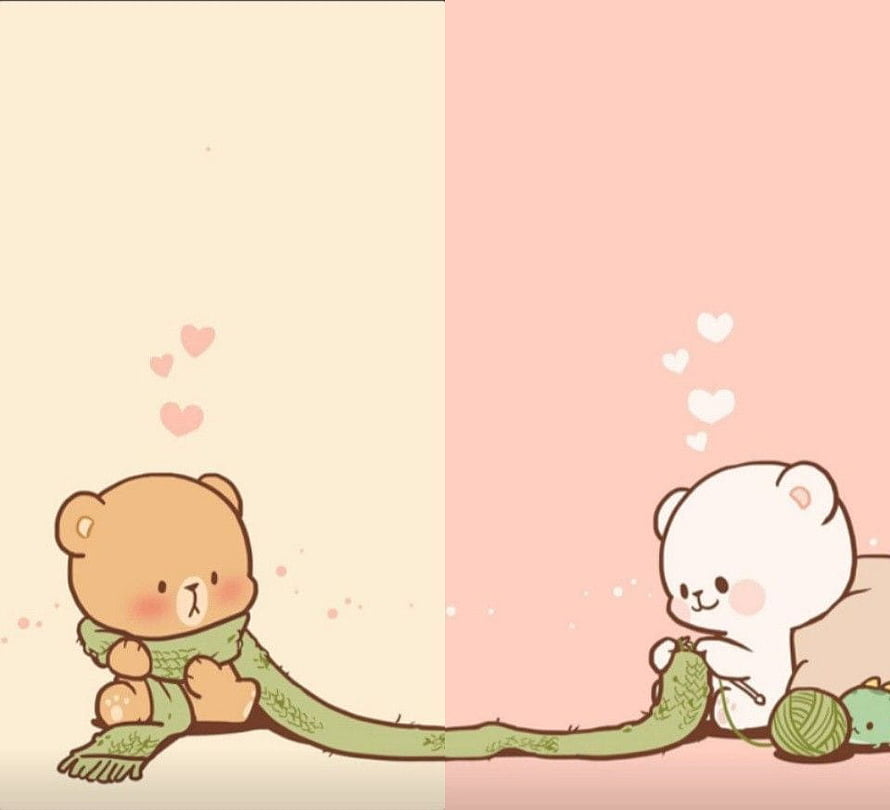 Cute Cartoon Bears Knitting and Wearing a Long Green Scarf on Split Background HD wallpaper