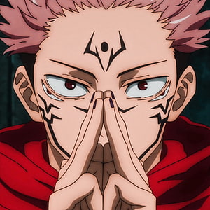 Sukuna Ryomen from Jujutsu Kaisen with pink hair and facial tattoos in a close-up anime portrait HD phone wallpaper
