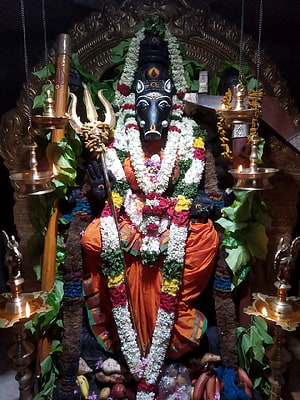 Black Lord Hanuman Statue with Trishul and Flower Garlands in Temple, Varahi Amman Still, #varahi HD phone wallpaper