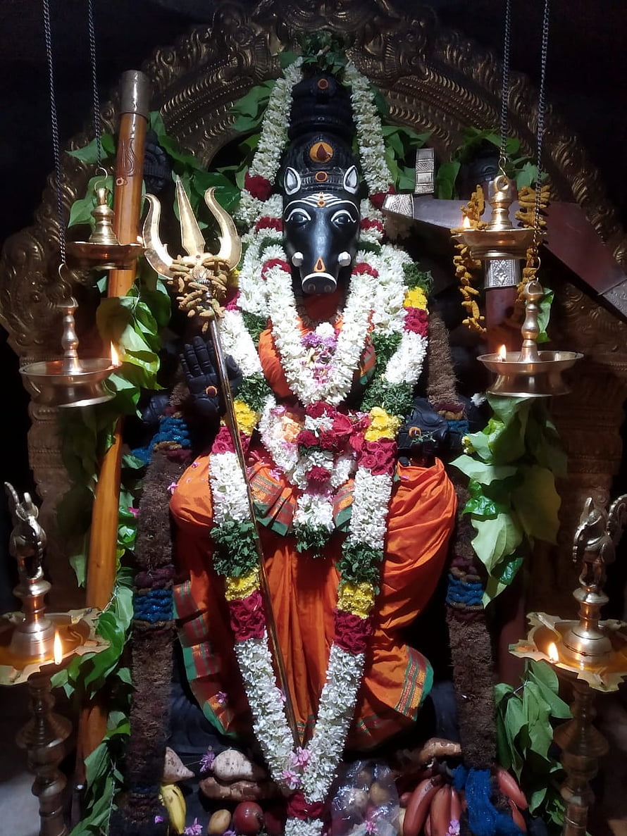 Black Lord Hanuman Statue with Trishul and Flower Garlands in Temple, Varahi Amman Still, #varahi HD phone wallpaper
