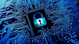 Cyber Security Concept with Glowing Padlock on Blue Circuit Board Background HD wallpaper