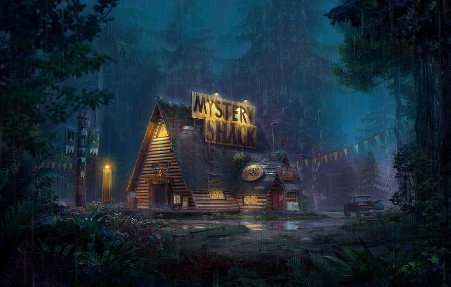 Mystery Shack Cabin in Rainy Forest at Night HD wallpaper