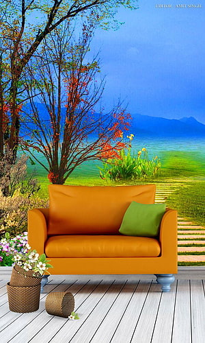 Orange Sofa on Wooden Deck with Scenic Nature Background and Flower Basket HD phone wallpaper