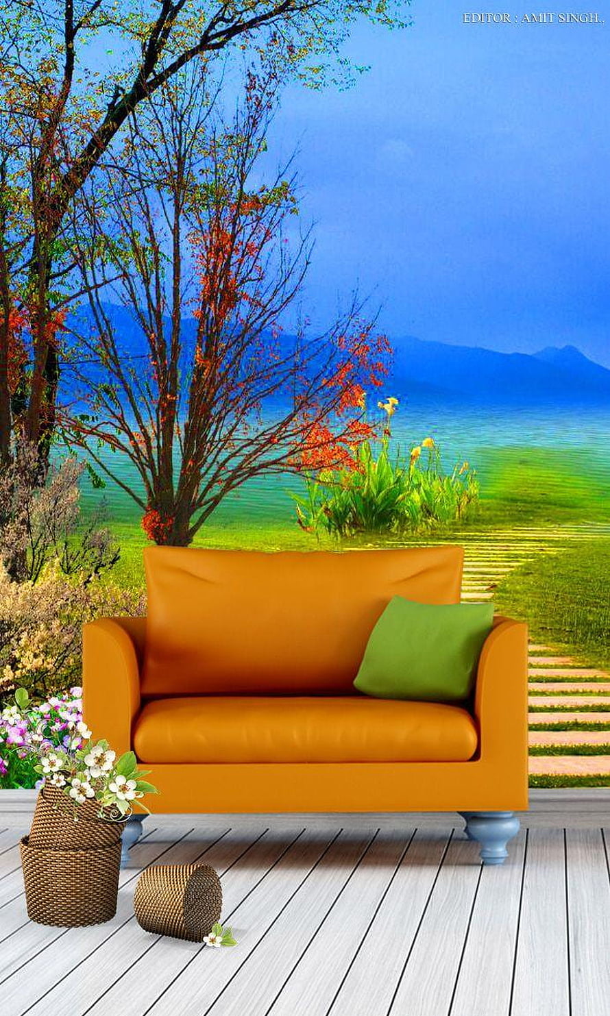 Orange Sofa on Wooden Deck with Scenic Nature Background and Flower Basket HD phone wallpaper