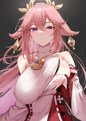 Yae Miko Anime Character Portrait in White and Red Attire with Golden Crown HD phone wallpaper