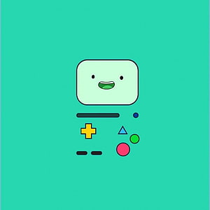 BMO from Adventure Time as a cute smiling video game console with colorful buttons on a teal background HD phone wallpaper