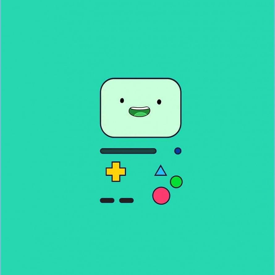 BMO from Adventure Time as a cute smiling video game console with colorful buttons on a teal background HD phone wallpaper