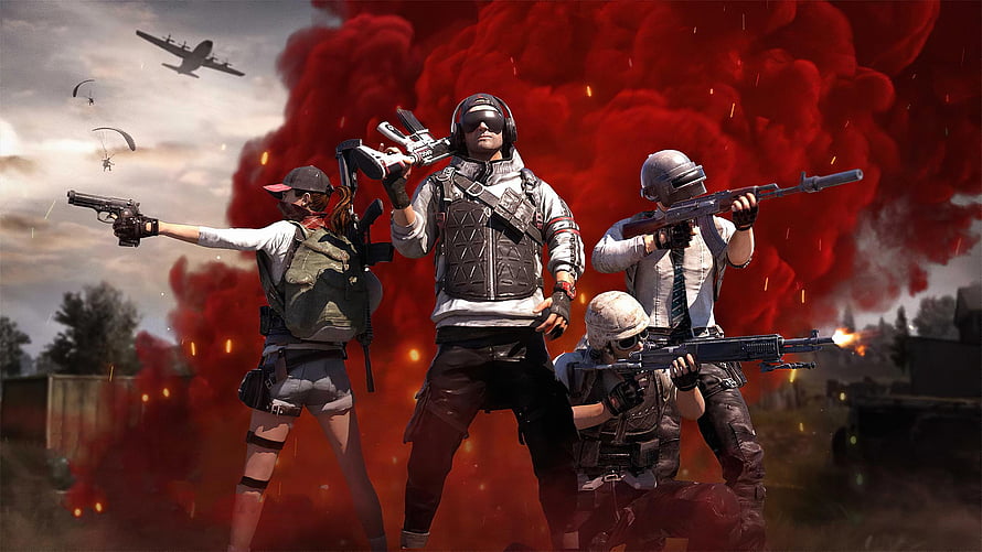 PUBG Squad in Combat with Red Smoke and Parachutes in Battle Royale Scene HD wallpaper