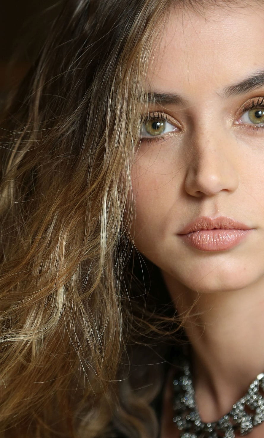Ana de Armas Close-Up Portrait with Wavy Hair and Sparkling Necklace HD phone wallpaper