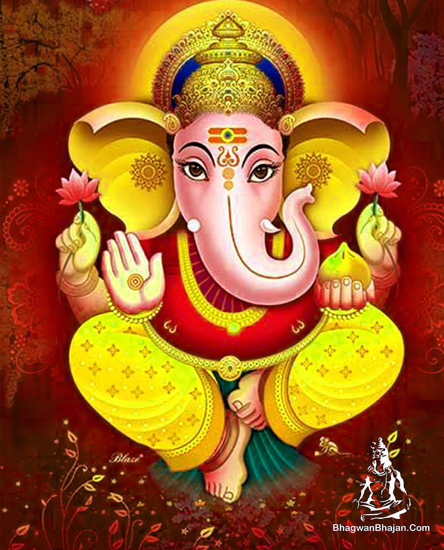 Colorful Illustration of Lord Ganesha Holding Lotus and Modak with Golden Crown HD phone wallpaper