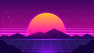 Retro Synthwave Sunset with Neon Grid and Purple Mountains HD wallpaper