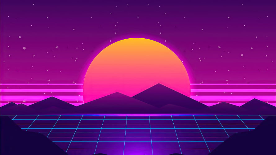 Retro Synthwave Sunset with Neon Grid and Purple Mountains HD wallpaper