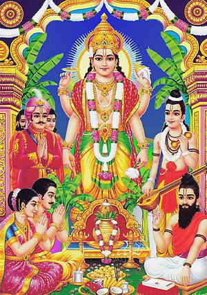 Satyanarayan Puja Temple Artwork with Deity and Devotees in Traditional Indian Style HD phone wallpaper