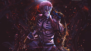 Akaza Demon Slayer Anime Character with Dark Energy and Red Embers HD wallpaper