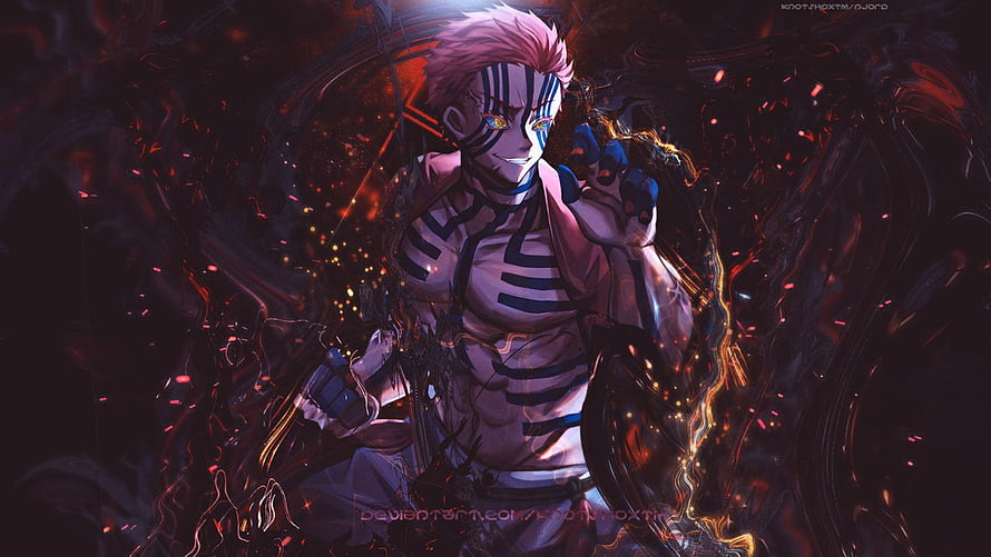Akaza Demon Slayer Anime Character with Dark Energy and Red Embers HD wallpaper