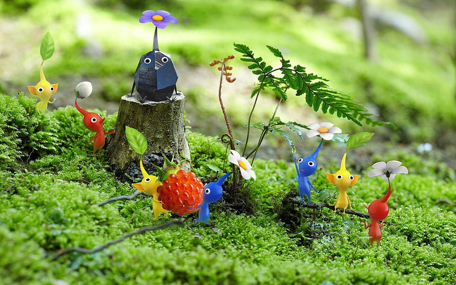 Colorful Miniature Creatures Playing in a Mossy Forest with Flowers and Berries HD wallpaper