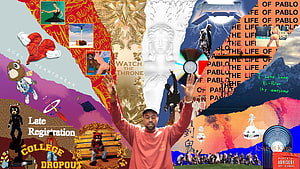 Kanye West collage featuring album covers like The Life of Pablo, Watch the Throne, and Jesus Is King HD wallpaper