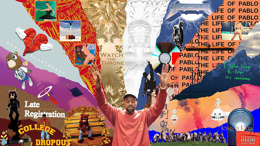Kanye West collage featuring album covers like The Life of Pablo, Watch the Throne, and Jesus Is King HD wallpaper