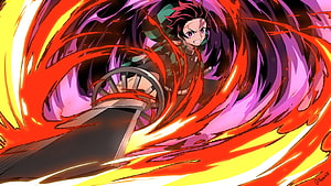 Tanjiro Kamado wielding a flaming sword surrounded by intense red and purple fire effects in an anime style HD wallpaper