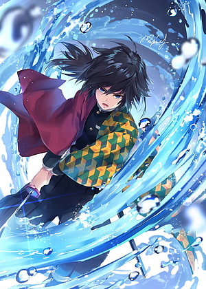 Giyu Tomioka from Demon Slayer wielding a katana amidst a swirling blue water vortex HD phone wallpaper