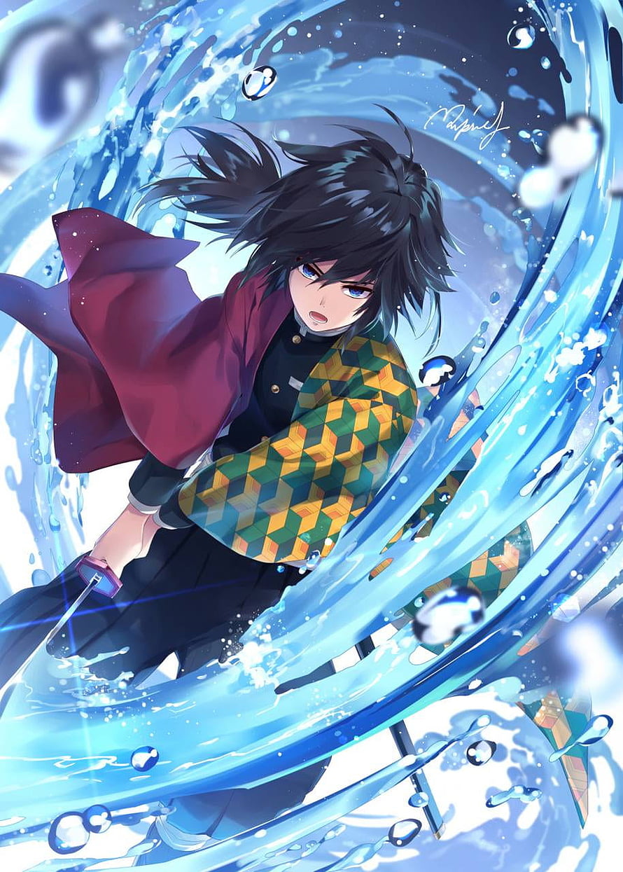 Giyu Tomioka from Demon Slayer wielding a katana amidst a swirling blue water vortex HD phone wallpaper