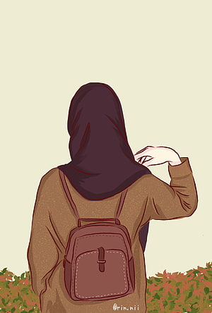 Illustration of a girl wearing a hijab and backpack standing in front of bushes HD phone wallpaper