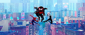 Spider-Man: Into the Spider-Verse Miles Morales and Gwen Stacy Leaping Over City Rooftops HD wallpaper
