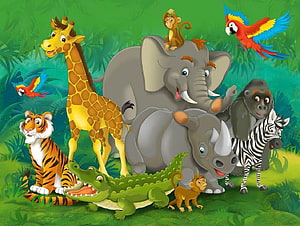 Colorful Cartoon Jungle Safari with Elephant, Giraffe, Tiger, and Parrots in Lush Green Forest HD wallpaper